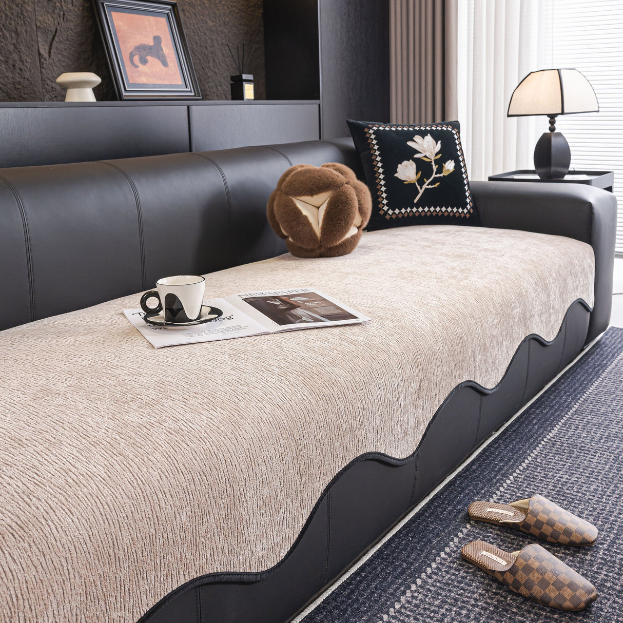 Chenille Couch Cover with Scalloped Edge, Non-Slip Modular Slipcover