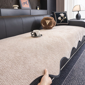 Chenille Couch Cover with Scalloped Edge, Non-Slip Modular Slipcover