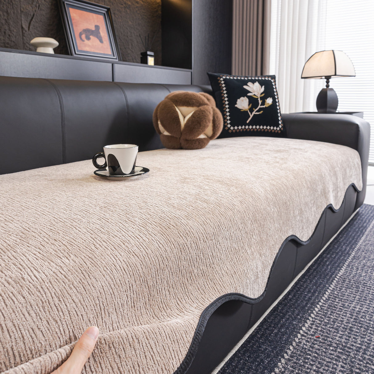 Chenille Couch Cover with Scalloped Edge, Non-Slip Modular Slipcover