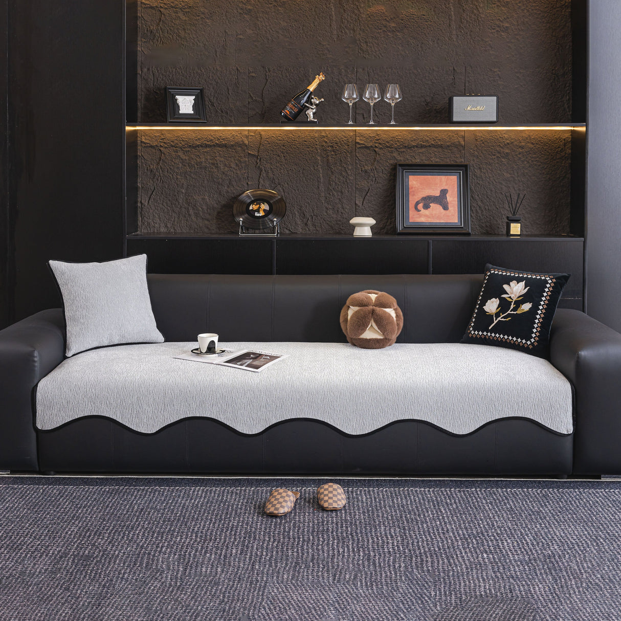 Chenille Couch Cover with Scalloped Edge, Non-Slip Modular Slipcover