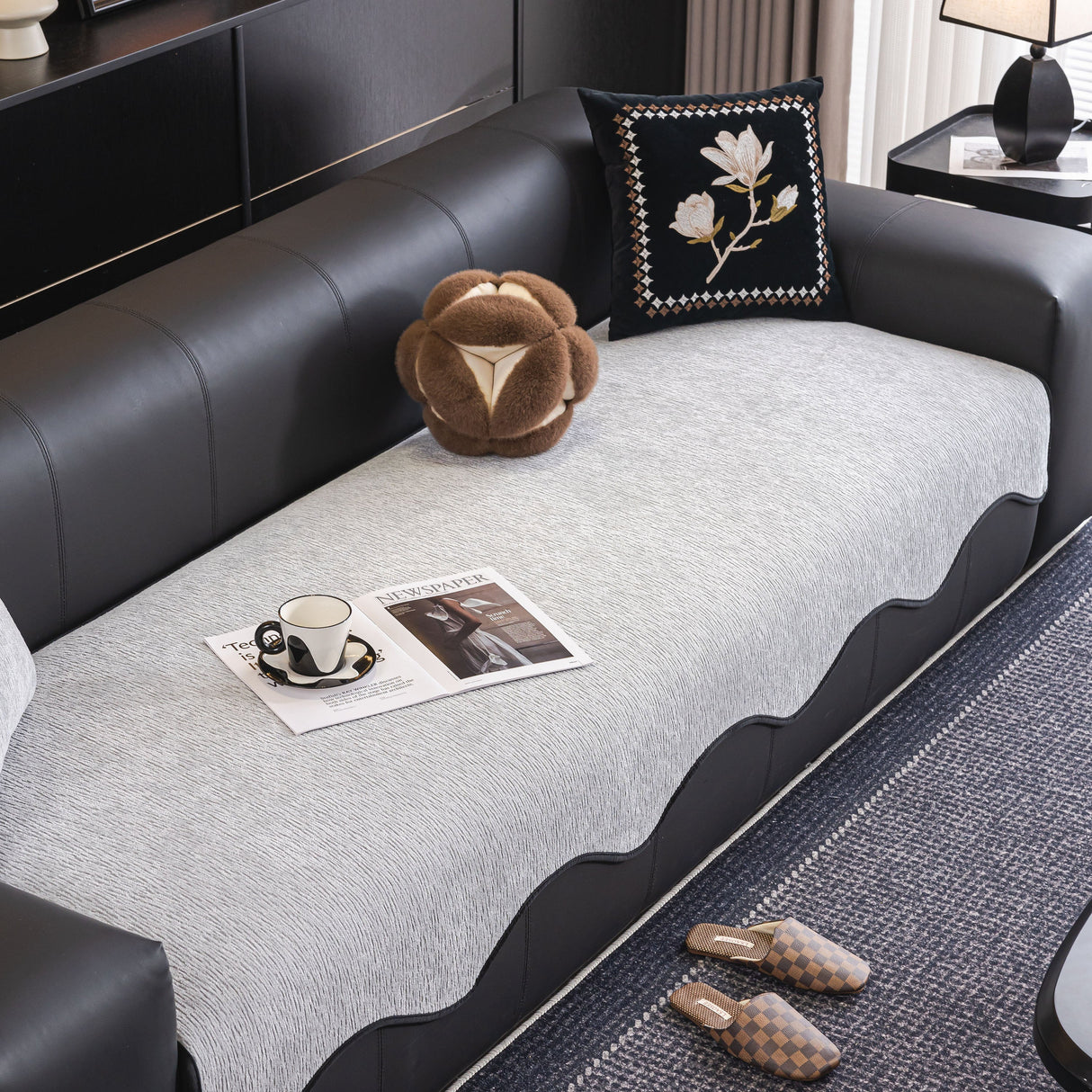Chenille Couch Cover with Scalloped Edge, Non-Slip Modular Slipcover