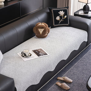 Chenille Couch Cover with Scalloped Edge, Non-Slip Modular Slipcover