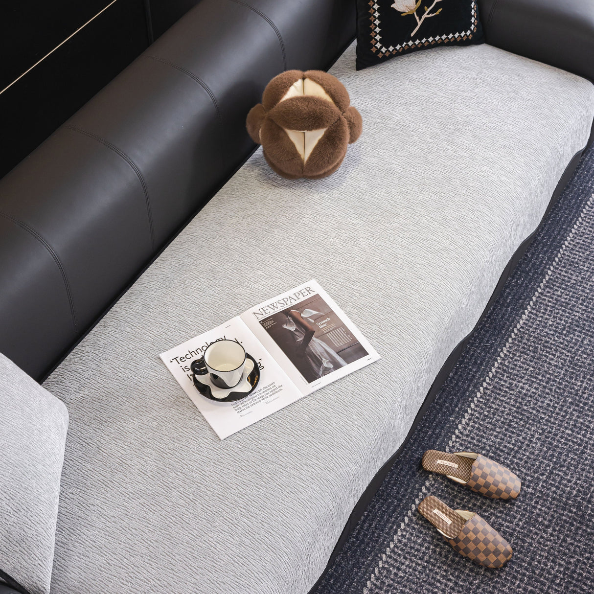 Chenille Couch Cover with Scalloped Edge, Non-Slip Modular Slipcover
