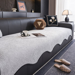 Chenille Couch Cover with Scalloped Edge, Non-Slip Modular Slipcover
