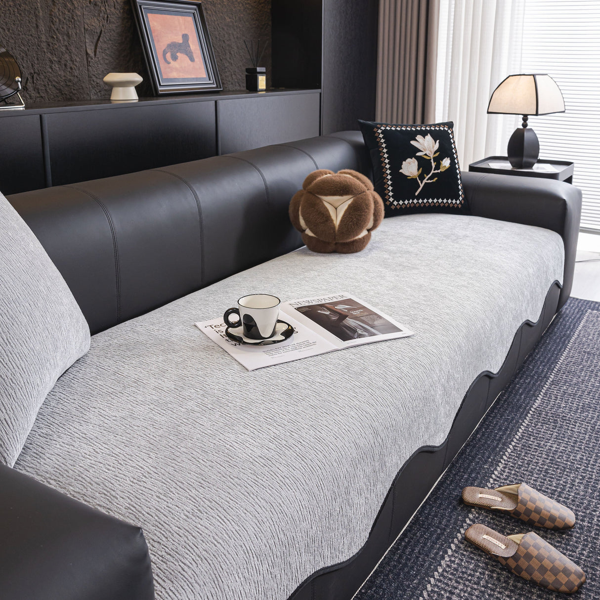 Chenille Couch Cover with Scalloped Edge, Non-Slip Modular Slipcover