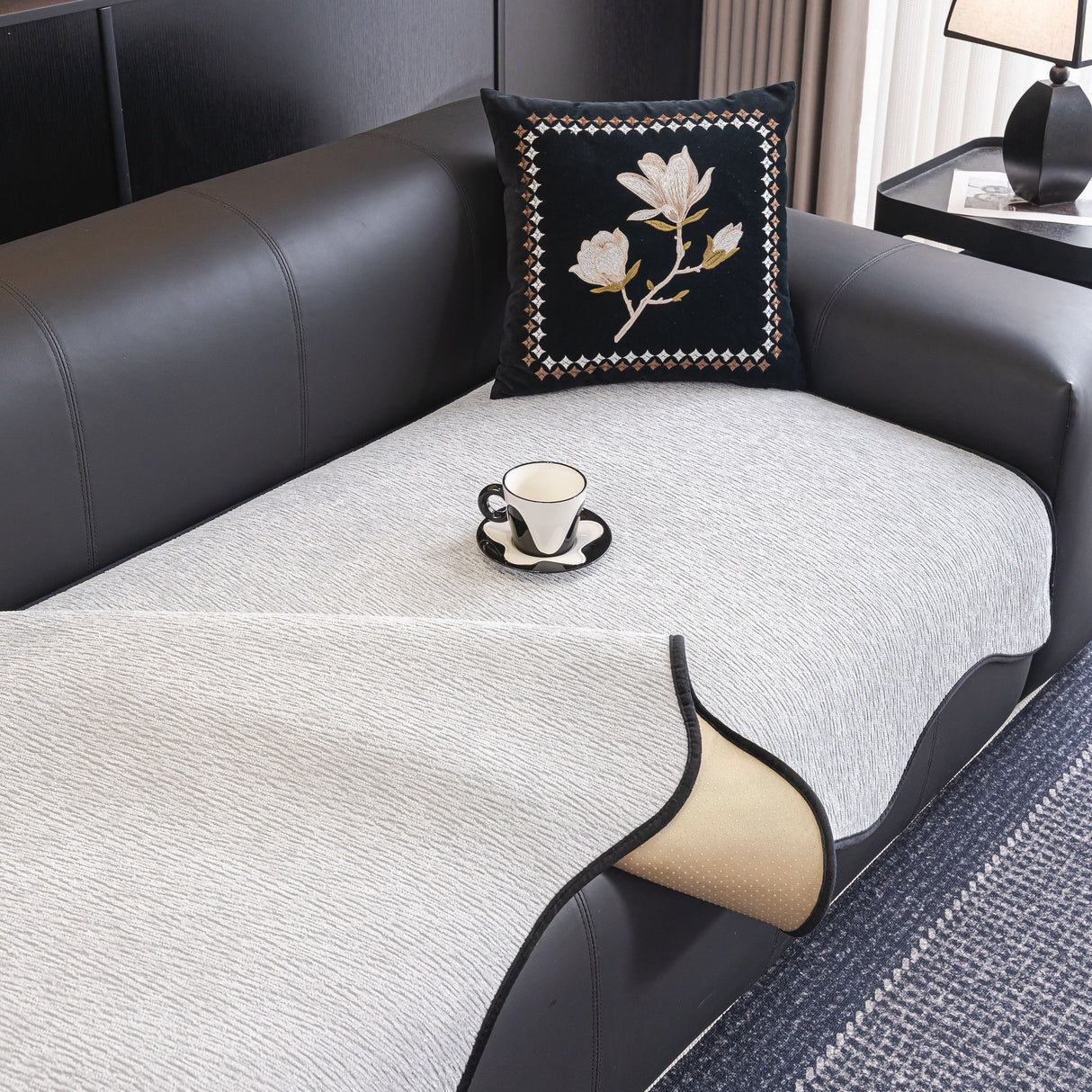 Chenille Couch Cover with Scalloped Edge, Non-Slip Modular Slipcover