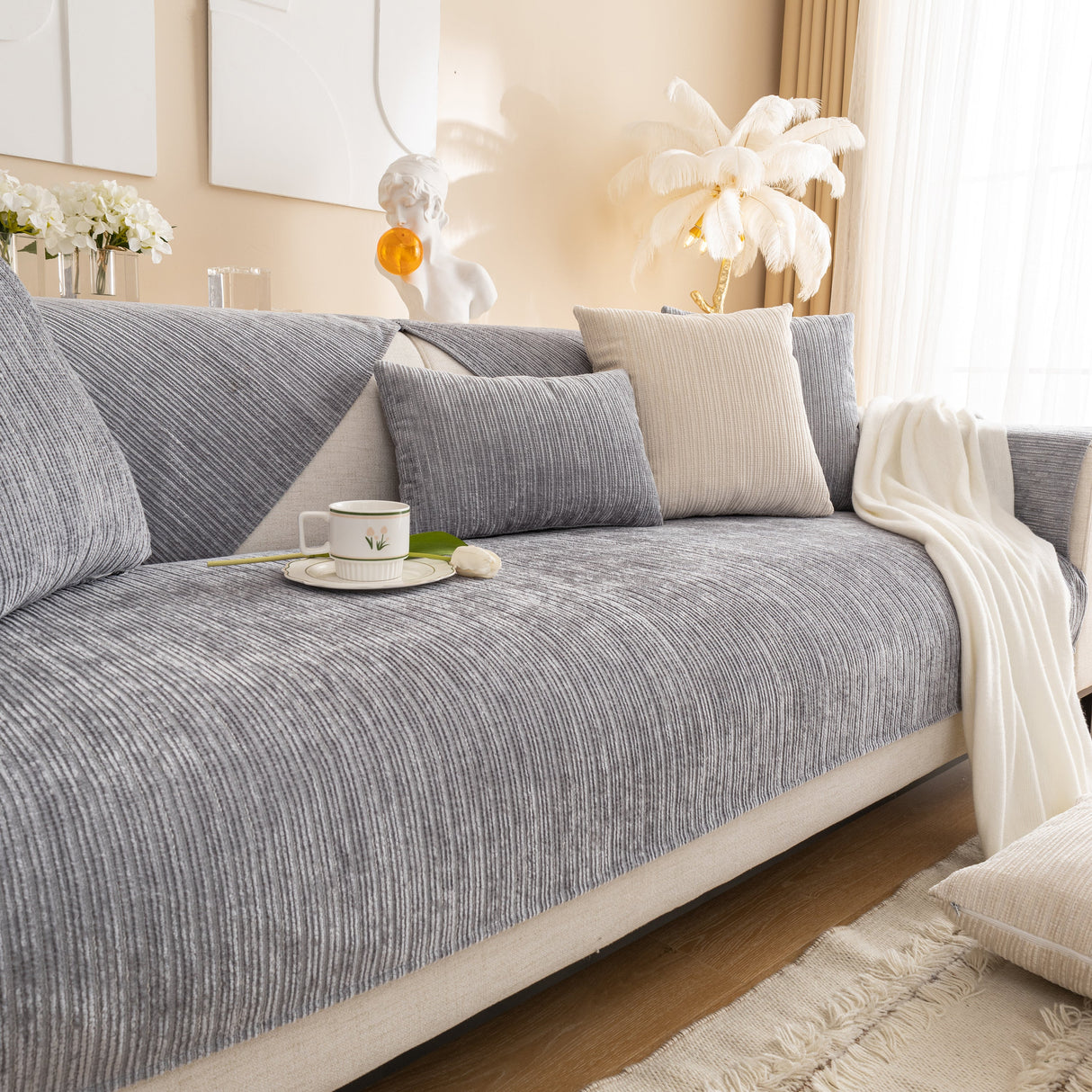Plush Solid Color Striped L-Shaped Sofa Slipcovers, Washable Non-Slip Textured Furniture Covers