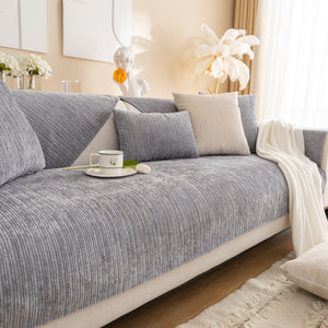 Plush Solid Color Striped L-Shaped Sofa Slipcovers, Washable Non-Slip Textured Furniture Covers