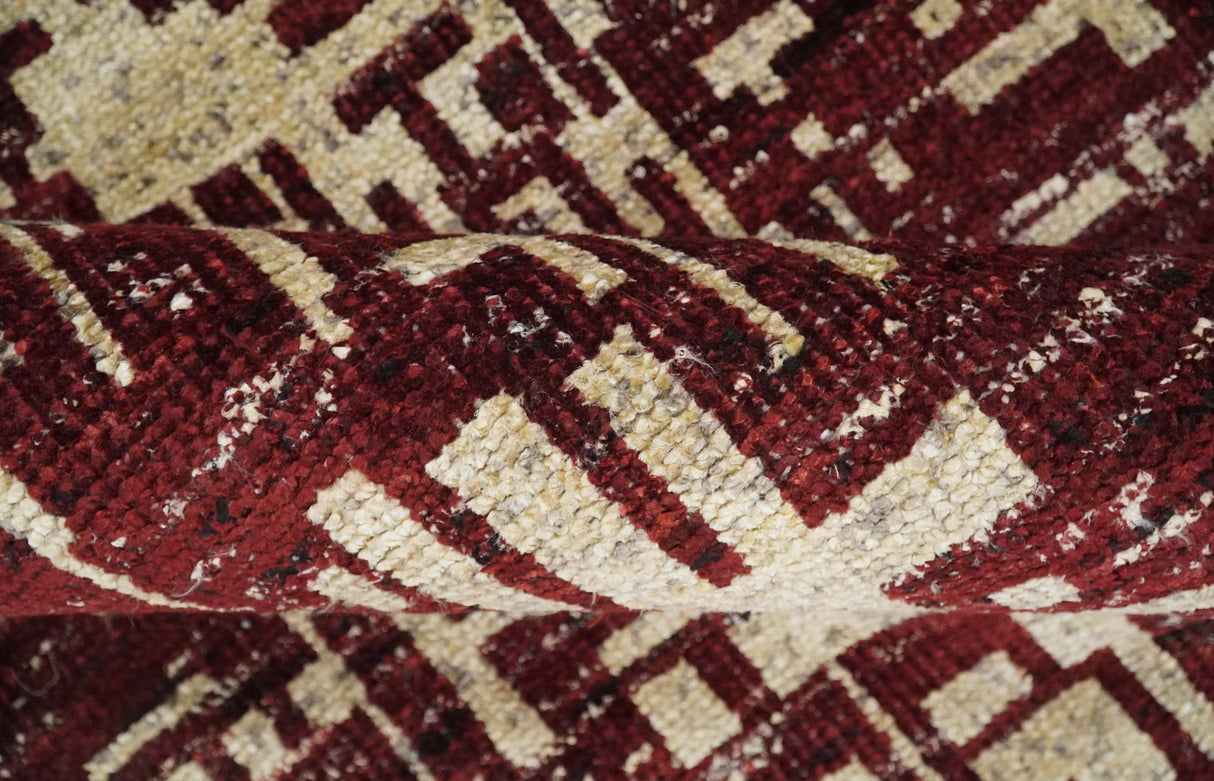 4x6 Hand Knotted Beige and Maroon Modern Abstract  Recycled Silk Area Rug