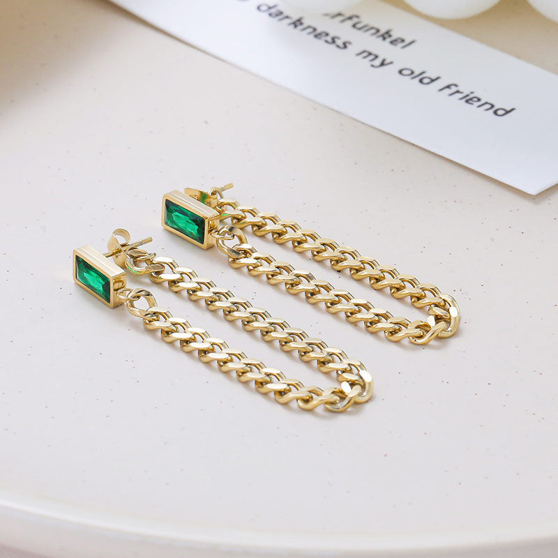 Dangle Chain Earrings with Cubic Zirconia Emerald and Gift Pouch