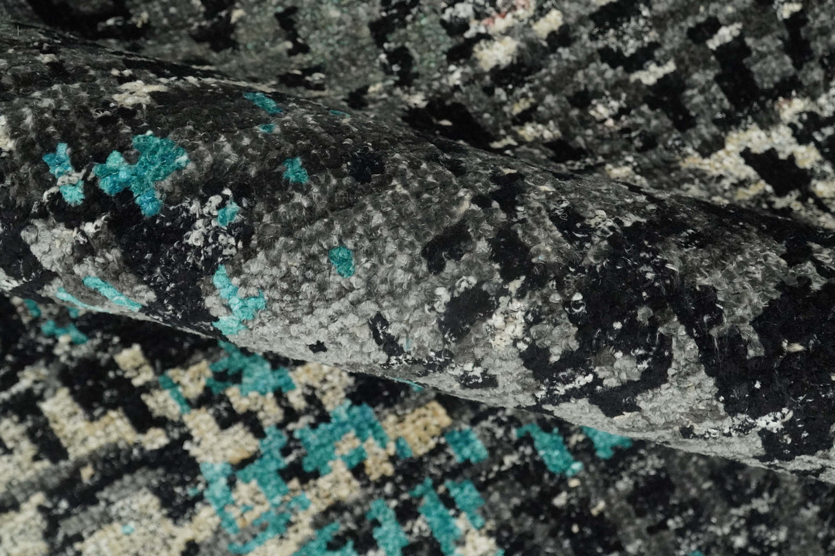 5x8 Hand Knotted Charcoal, Ivory and Blue Modern Abstract  Recycled Silk Area Rug