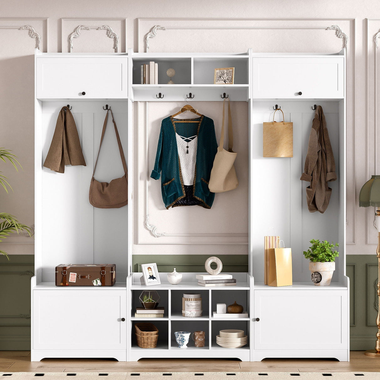 Wide Hall Tree With Shoe Storage, 4 In 1 Entryway Bench With 8 Cubbies, 7 Coat Hooks & Adjustable Shelf