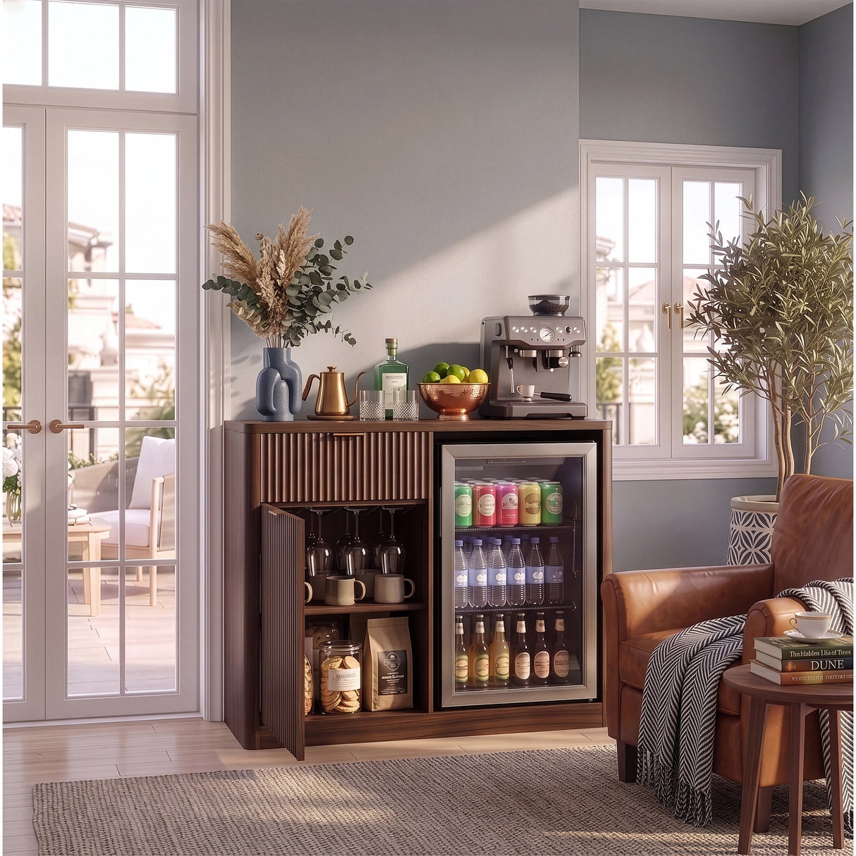 K&K 39.4" Coffee Bar Cabinet with Fridge Space
