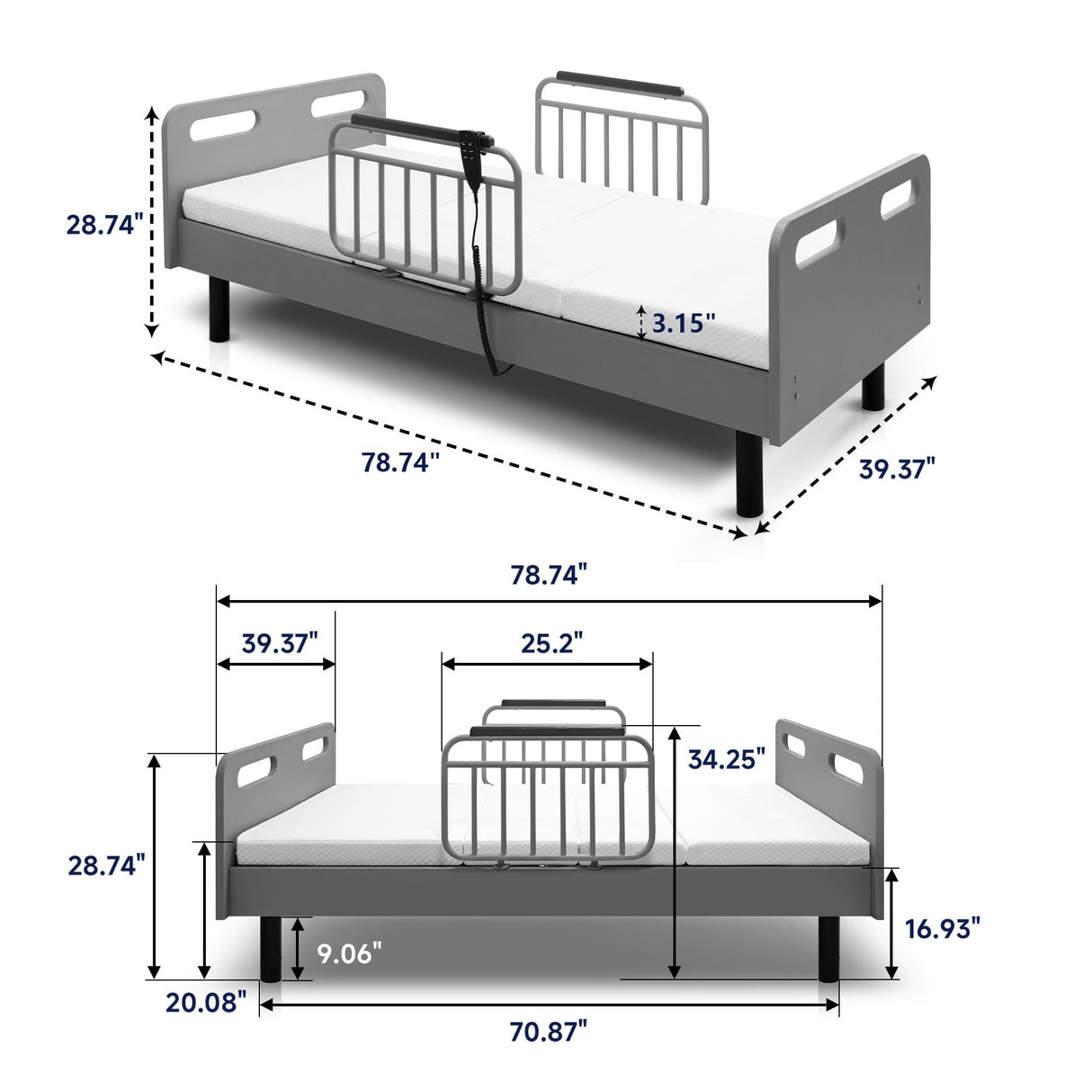 Electric Adjustable Hospital Bed For Home Use With Wired Remote Control, Memory Foam Mattress - Gray / White