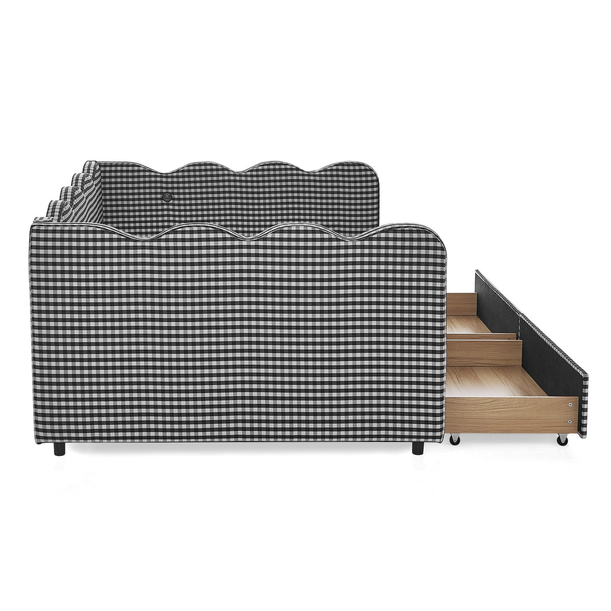 Full Size Cozy Gingham Daybed with Two Storage Drawers, with USB Port and Adorable Wave Shaped, Linen Fabric