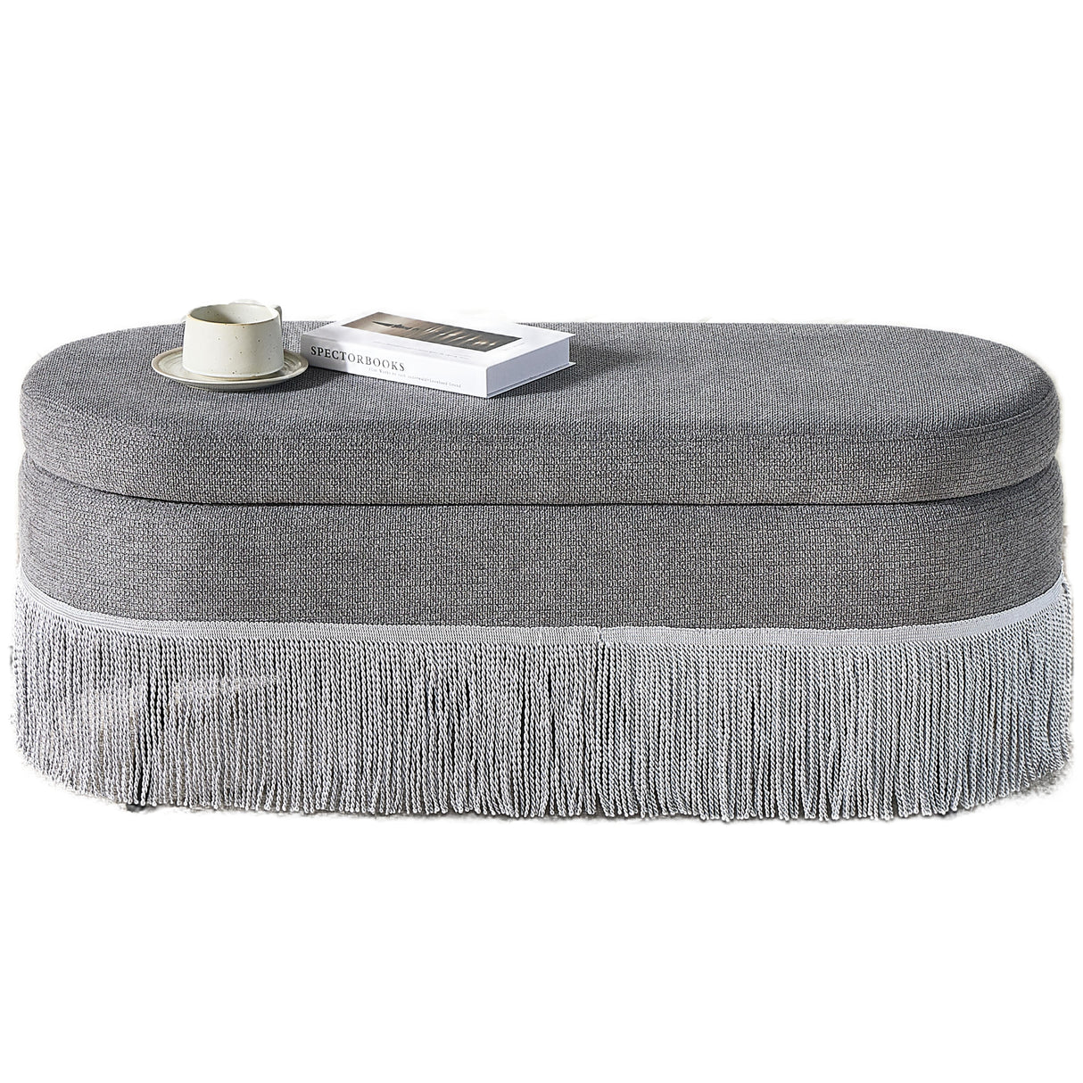 Oval Upholstered Storage Ottoman with Fringe Trim