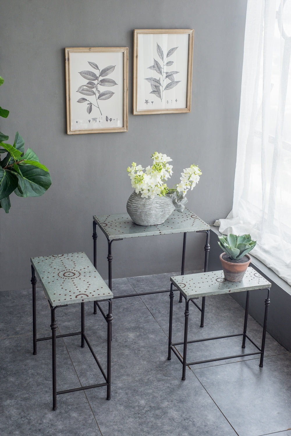 Set of 3 Metal Nesting Tables with Galvanized Tops - Antique Gray