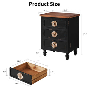 Rustic Dark Blue 2-Drawer Wooden Cabinet with Aged Finish & Floral Handles