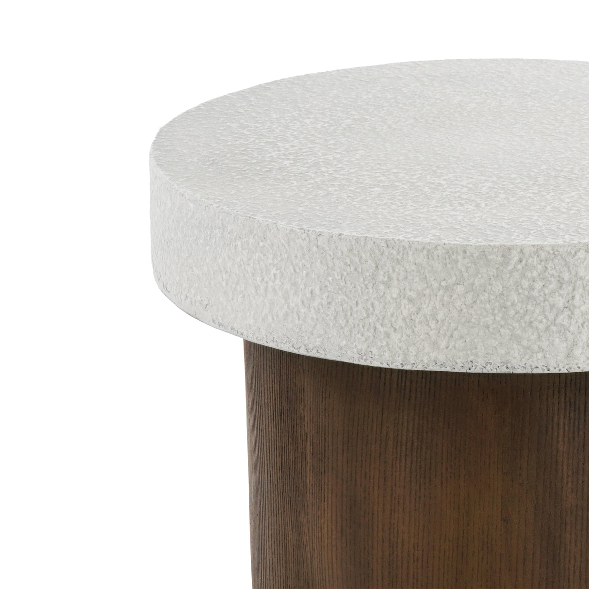 Cylindrical Side Table with Antique White Faux Stone Top and Natural Wood Base