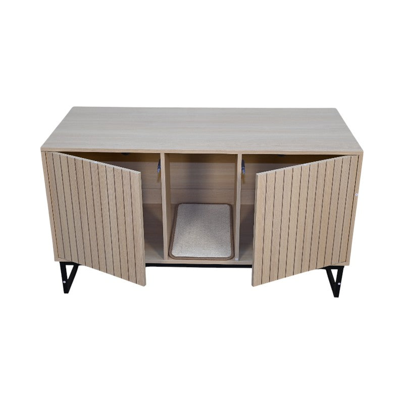 Modern Wooden Cat House with Scratching Mat - Light Wood & Black
