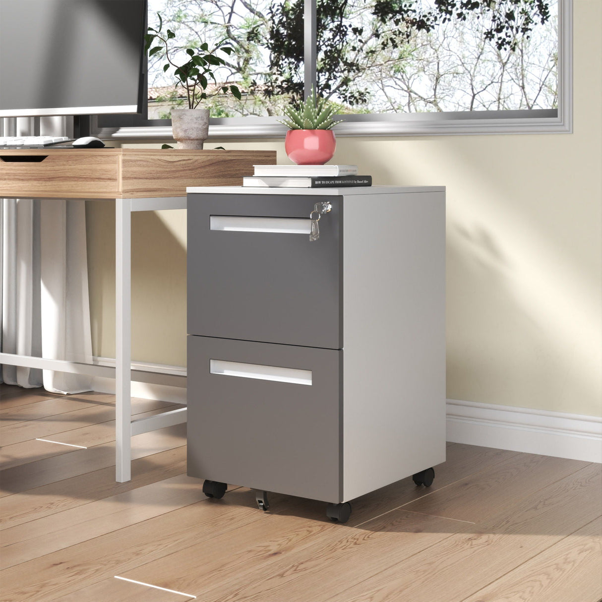 2-Drawer Mobile File Cabinet With Lock, On 360° Wheels, Holds A4/Letter/Legal Files - White