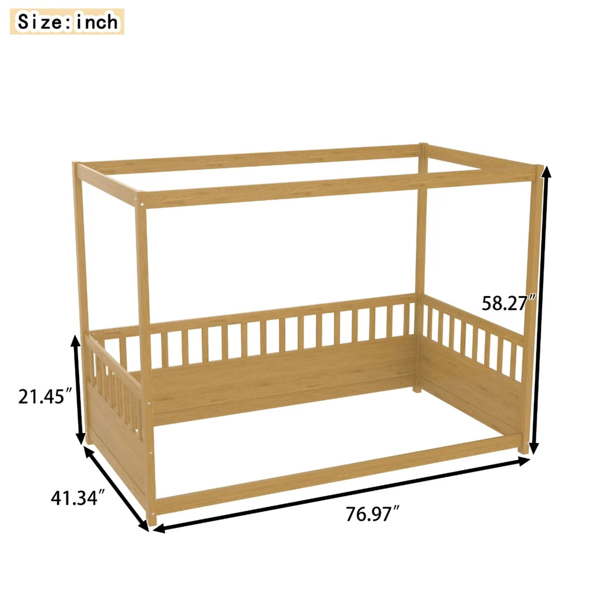Twin Size Canopy Bed Frame with Guardrails for Kids