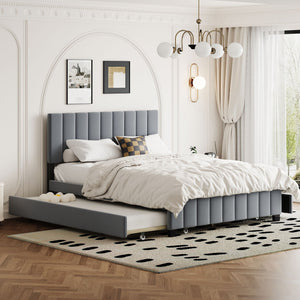 Platform UpholsteredBed With 2 Drawers And Twin Long Trundle