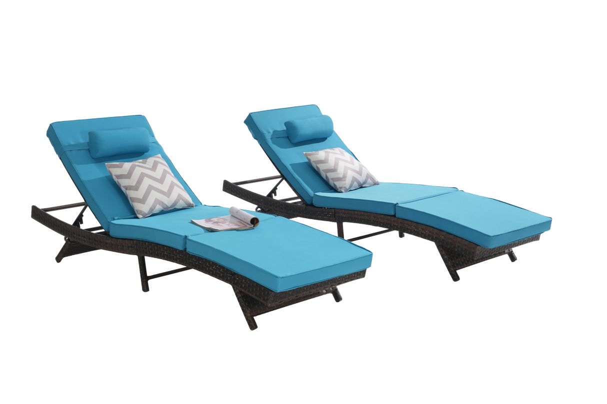 Outdoor Wicker Long Reclining Chair Set of 2 , Wicker Reclining Lounge Chair Lawn Sunbathing Chairs Recliner up to 150°  Beach Poolside Garden