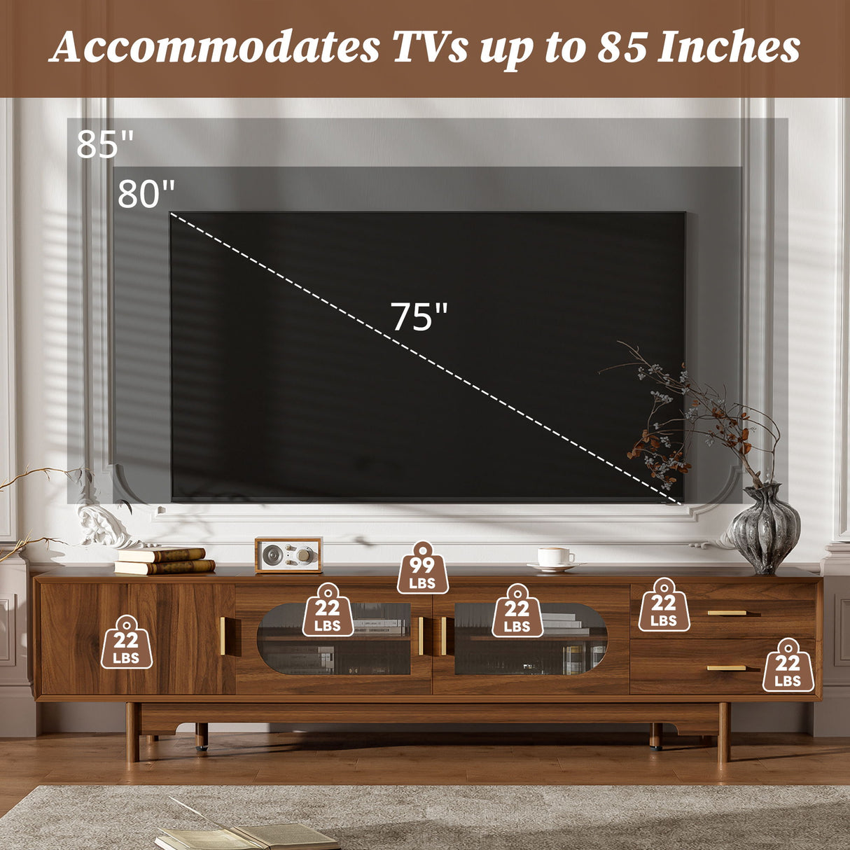 TV Stand With Fluted Doors, 2 Drawers - Walnut