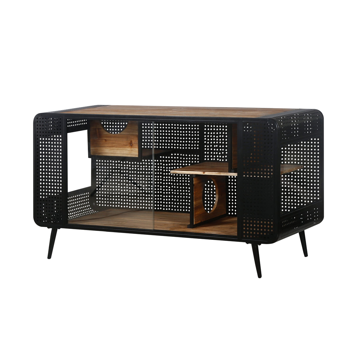 Modern Spacious Cat House with Fir Wood and Iron Frame - Black & Brown