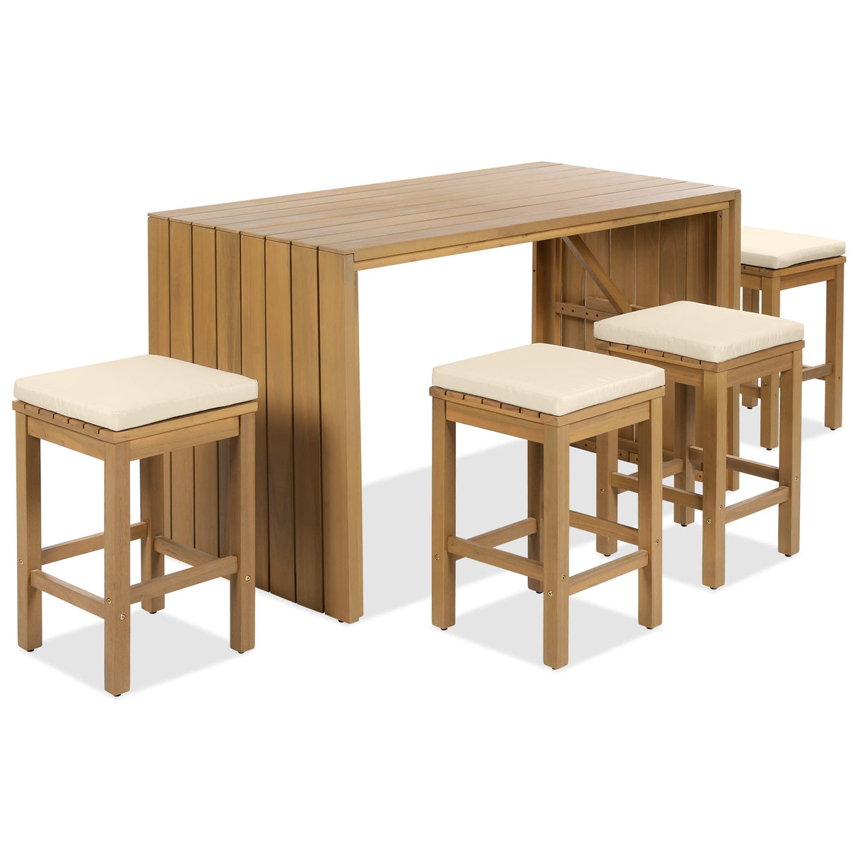 5 Piece Outdoor Bar Set with Acacia Wood Table and Cushioned Stools