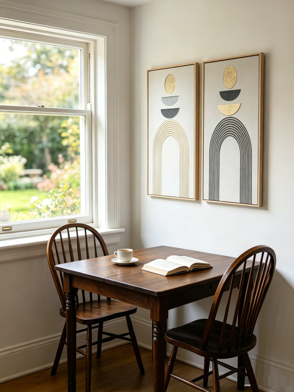 24x36 Set of 2 Framed Boho Abstract Wall Art, Neutral Antique