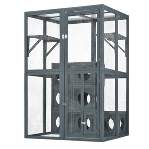 Grey Pine Wood Outdoor Cat House with Shelves and Weather Protection
