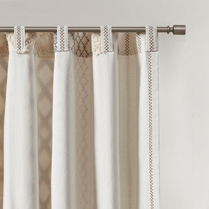 Cotton Printed Curtain Panel with Chenille Stripe - Ivory
