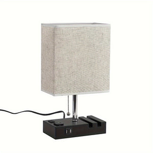 USB Table Lamp with AC Outlet – 3 Color Bedside Lamp with Fabric Shade & Bulb