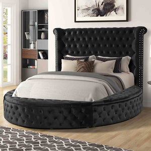 Glam Button Tufted Wingback Round Bed With Storage And USB Ports