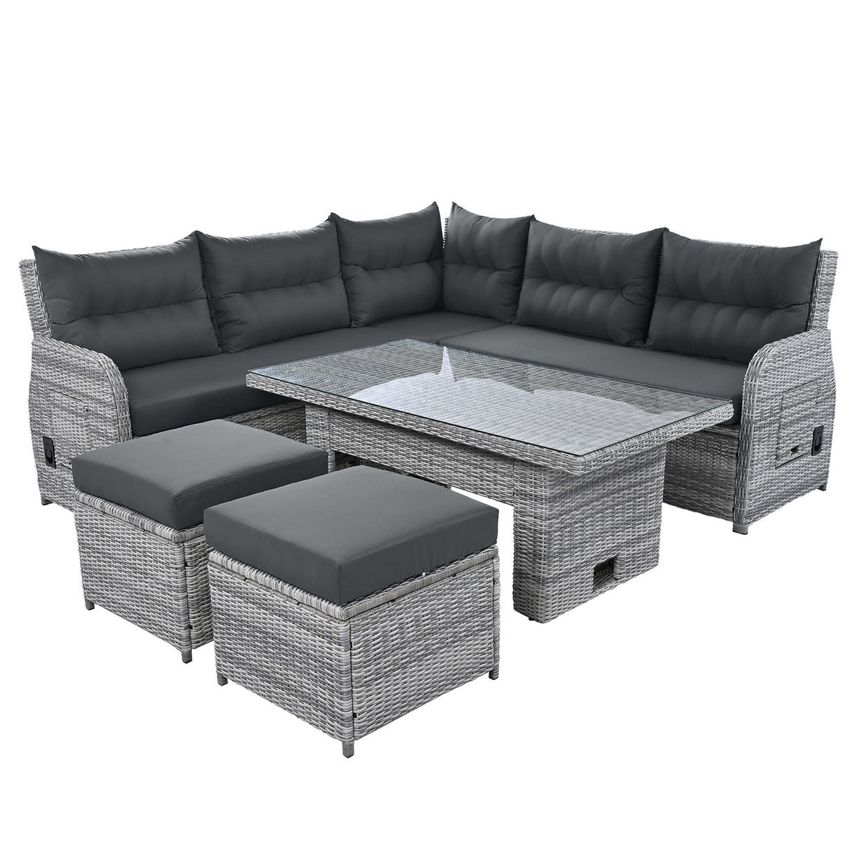 Outdoor Furniture Set Patio Rattan Furniture with Adjustable Table, Recliners, Side Tables, Ottomans