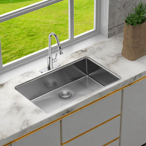 28" Undermount Kitchen Sink With 10" Deep Single Bowl in Brushed Nickel