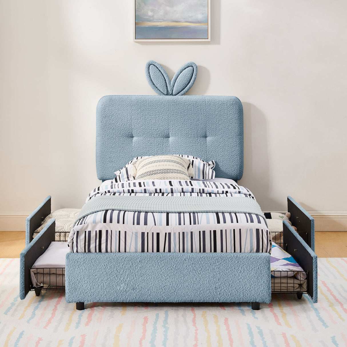 Twin Size Kids Upholstered Bed with Oversized Rabbit Ear Headboard, LED Light & 4 Storage Drawers, Boucle Fabric (79.5''X40.75''X41'')