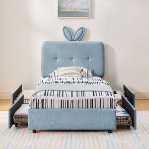Twin Size Kids Upholstered Bed with Oversized Rabbit Ear Headboard, LED Light & 4 Storage Drawers, Boucle Fabric (79.5''X40.75''X41'')