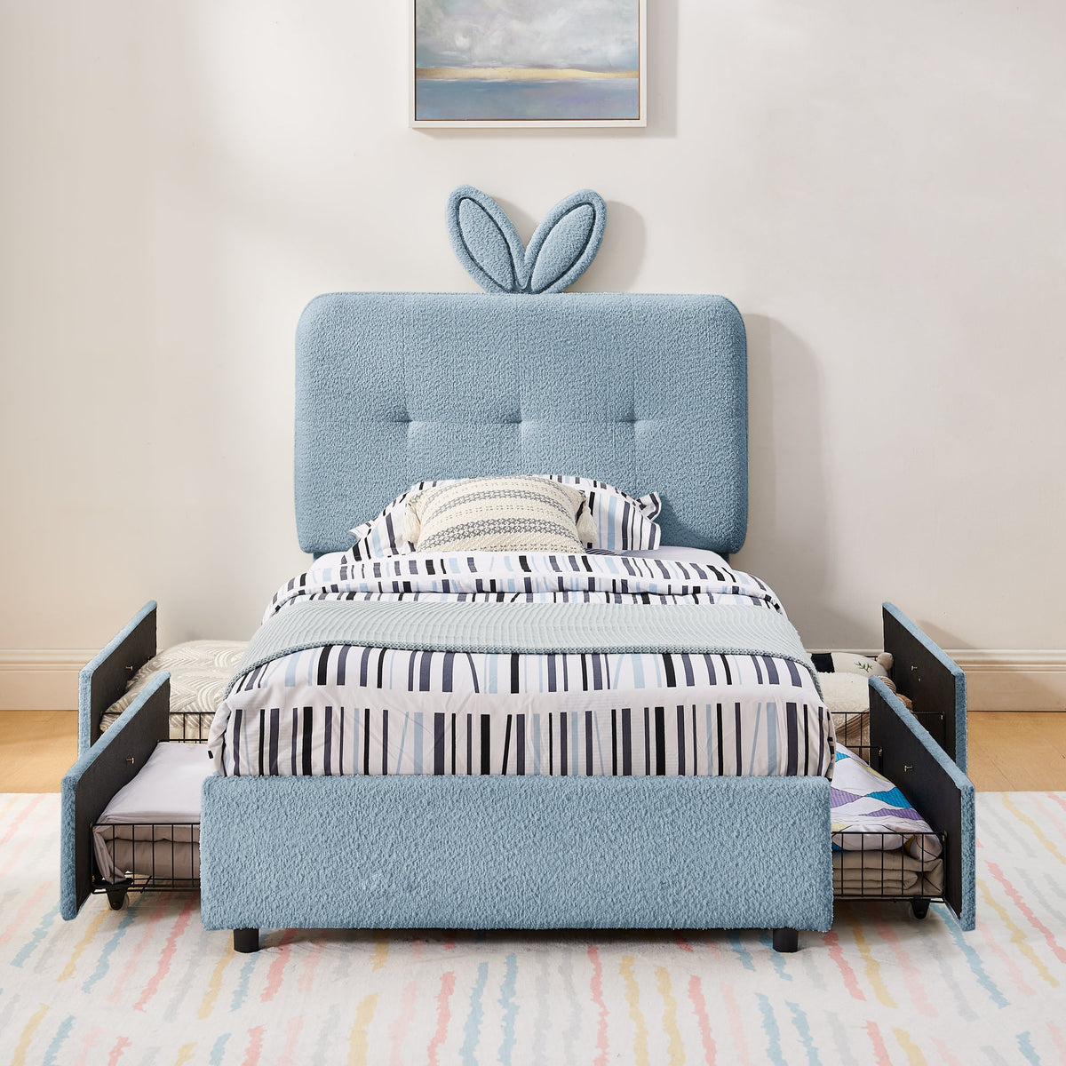 Twin Size Kids Upholstered Bed with Oversized Rabbit Ear Headboard, LED Light & 4 Storage Drawers, Boucle Fabric (79.5''X40.75''X41'')
