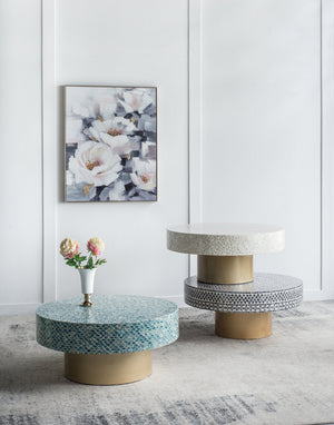 35x35x16' Unique Gray Black Ivory Capiz Coffee Table with Gold Pedestal Base