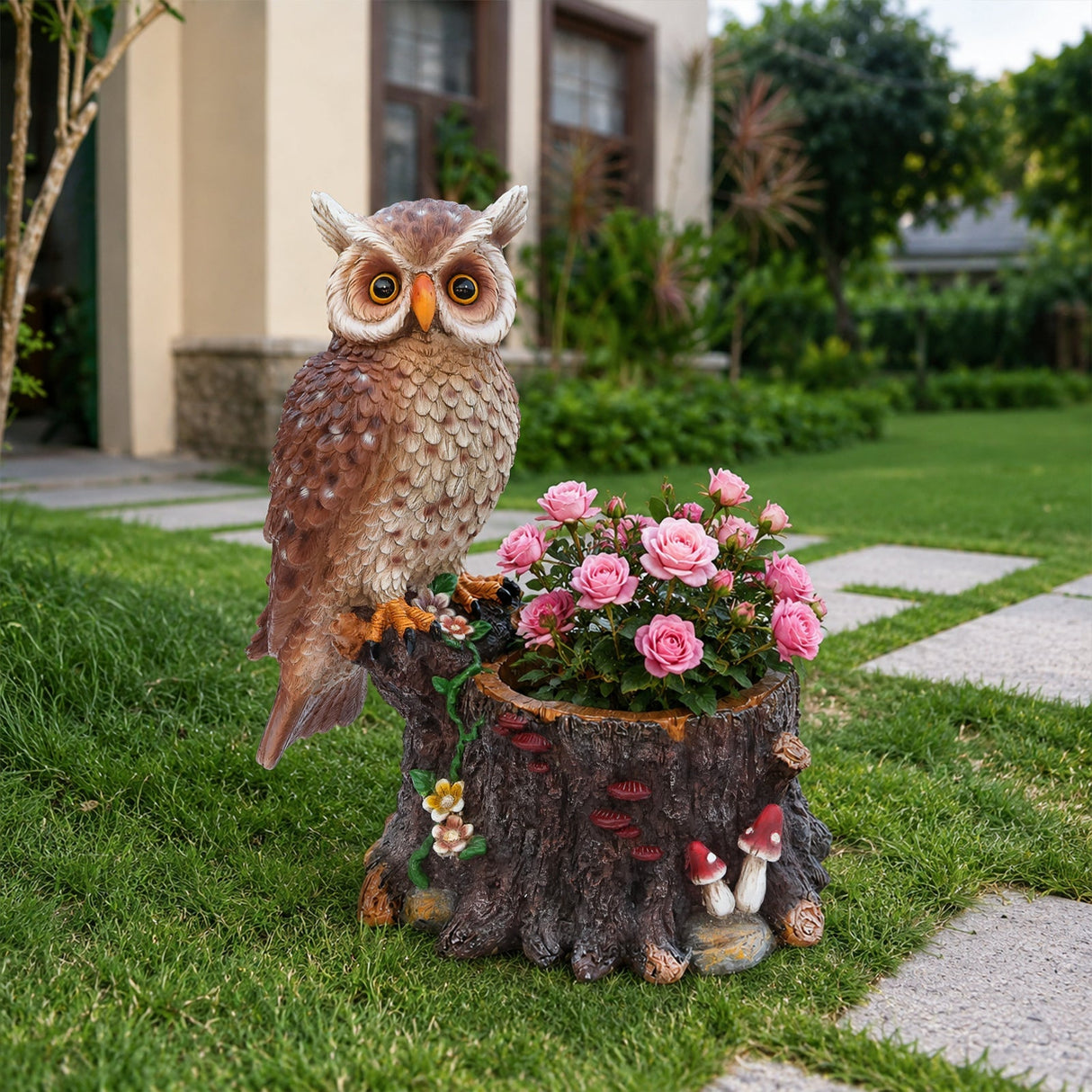 Sitting Owl with Tree Trunk Garden Planter