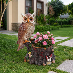 Sitting Owl with Tree Trunk Garden Planter