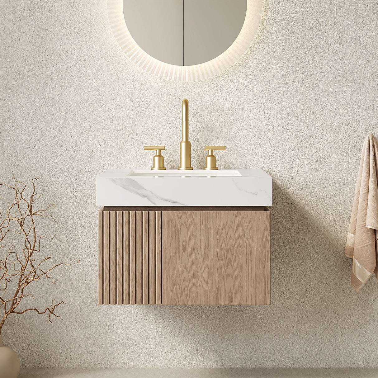 MURI 24" Bathroom Vanity & Sink, Floating Plywood Storage Cabinet with 2 Doors, Carrara