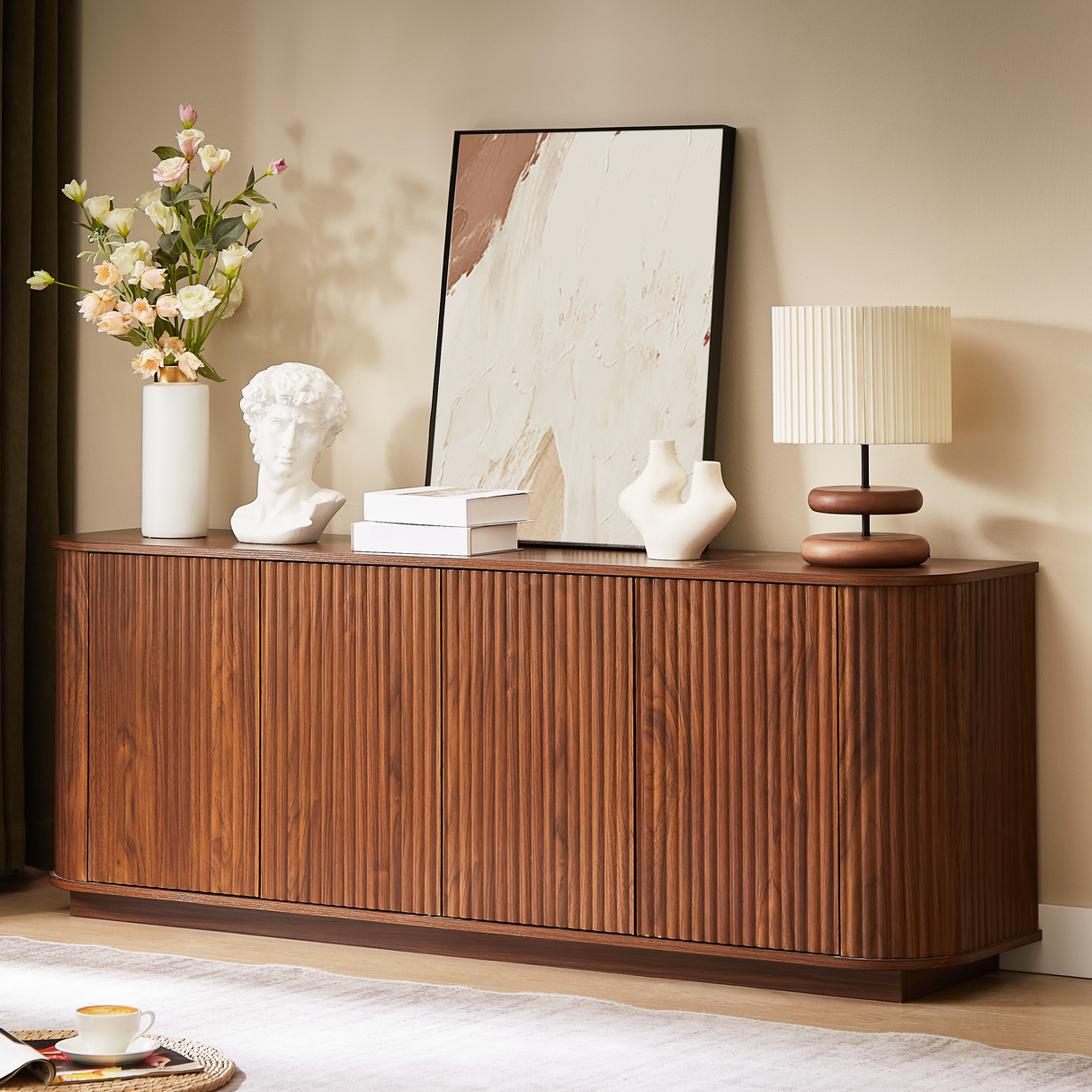 Sideboard Storage Cabinet TV Stand with Wave Pattern in Walnut