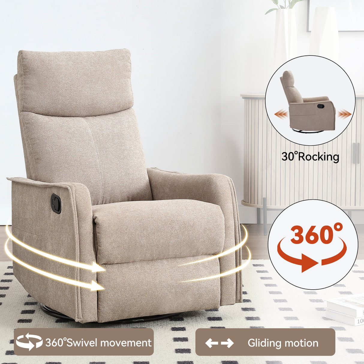Heat Massage Manual Recliner Chair with Rocker and Swivel in Khaki