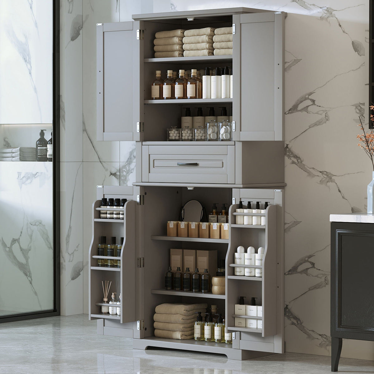 Bathroom Storage Cabinet with Adjustable Shelves and Drawer - Gray or White