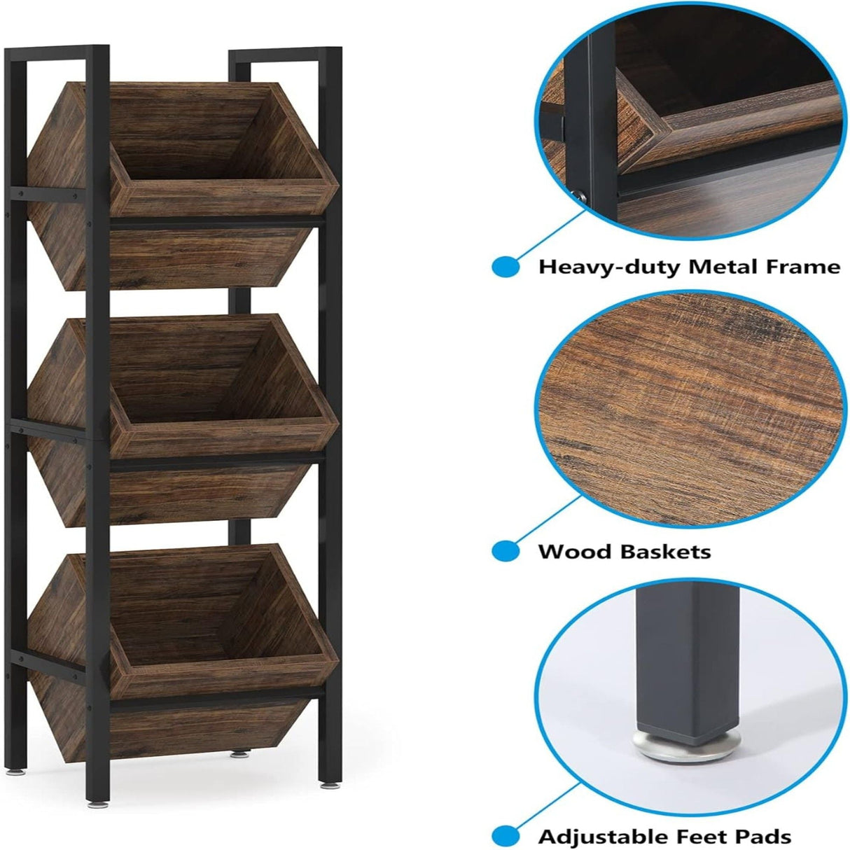 3 Tier Basket Stand With Angled Baskets, Vertical Storage Tower For Kitchen - Black