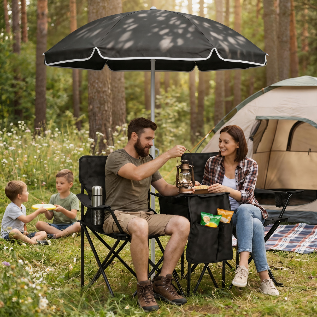 Portable Folding Picnic Chair Set with Umbrella, 2-Person Outdoor Camping Chairs